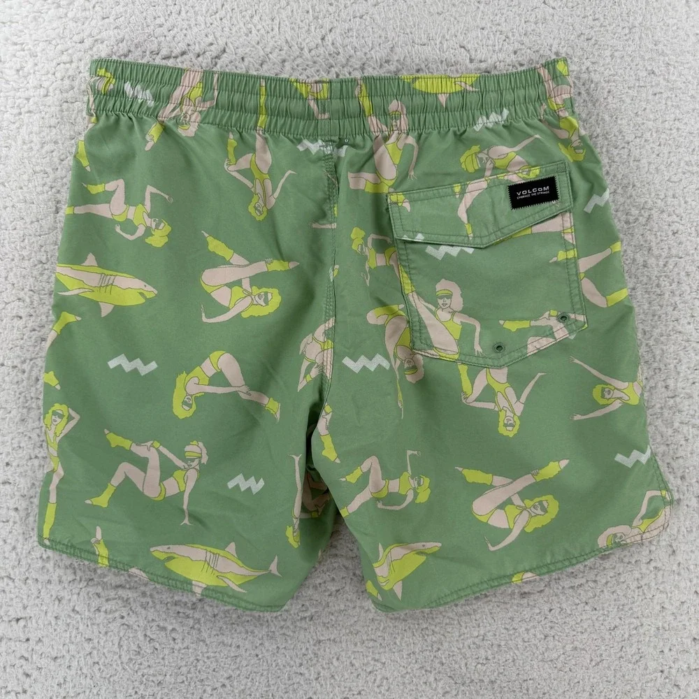 Volcom Swim Shorts Mens Medium Green Retro Graphic Trunks Mesh Lined Girls